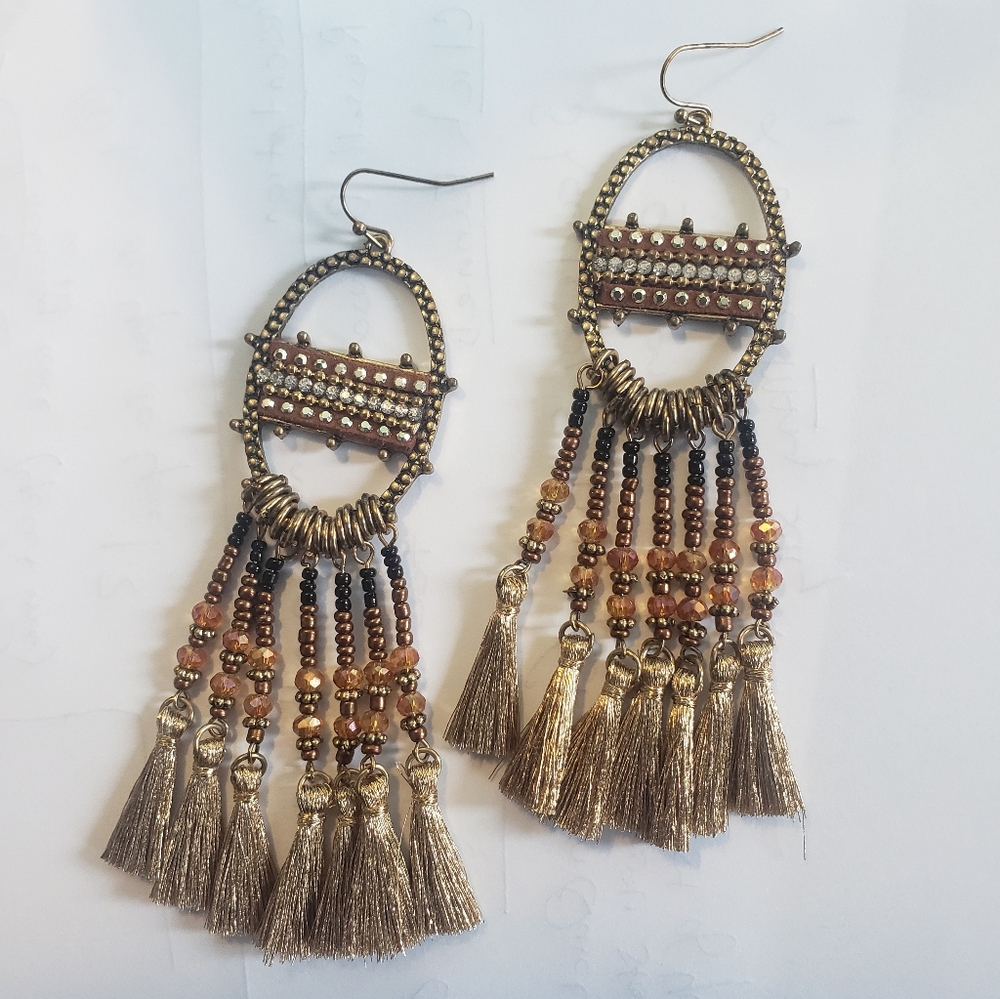 BRONZE & GOLDEN BEADED TASSEL FAUX RHINESTONE BOHO CHIC BOHEMIAN FESTIVAL EARRIN - Picture 13 of 13